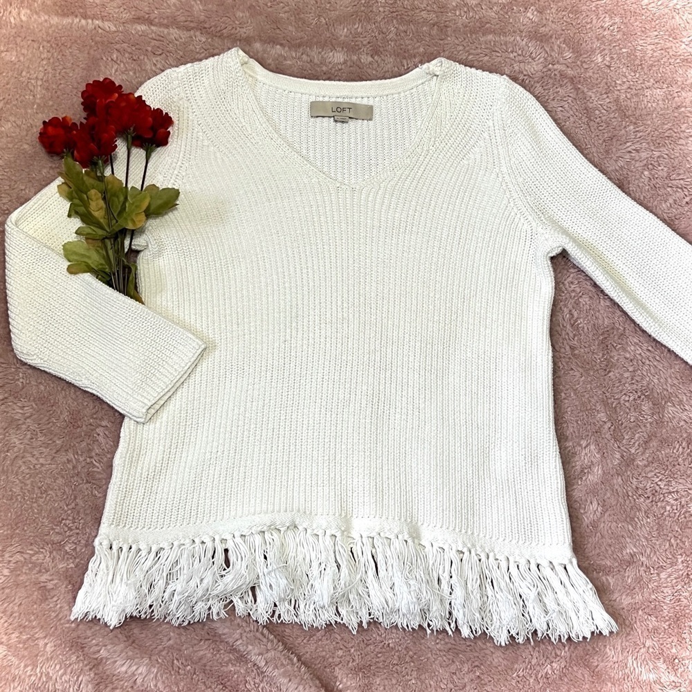 LOFT Ivory Fringe Knit Cotton Sweater - Small